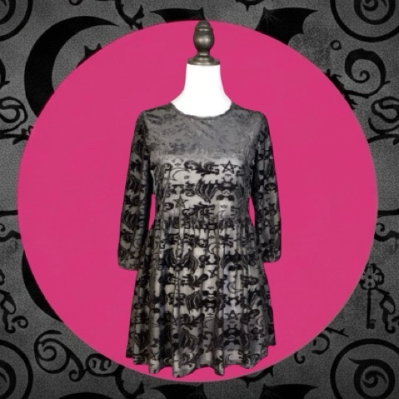 Iron Fist Dresses & Skirts - Iron Fist Black Burnout Velvet Bat Moon Keyhole Goth Babydoll Sheer Mini Dress S